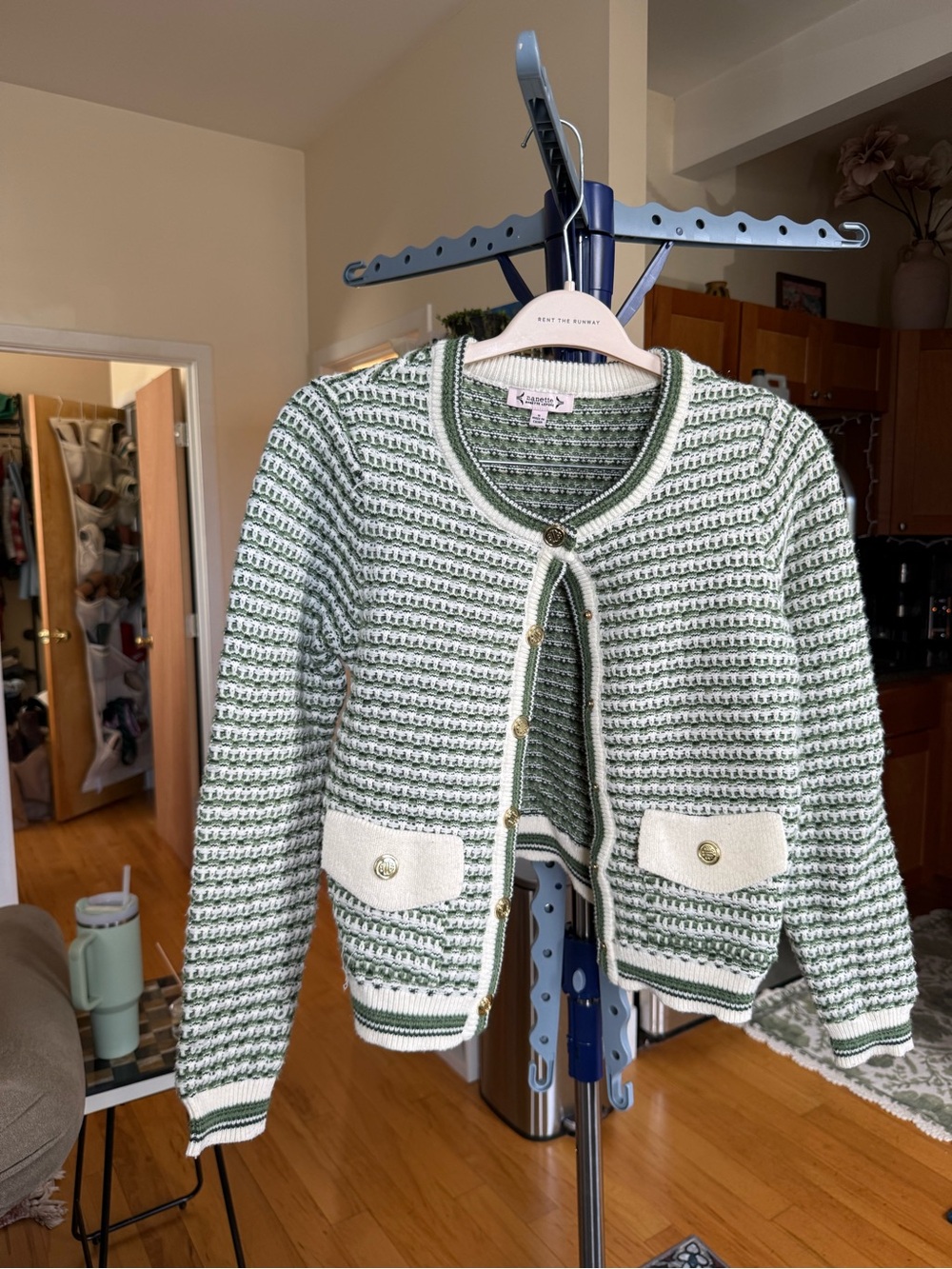 Kensie Green and White Cropped Knit Cardigan with Gold Buttons